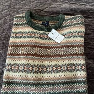 J. Crew Fair Isle Crewneck Sweater in Green, Cream and Brown